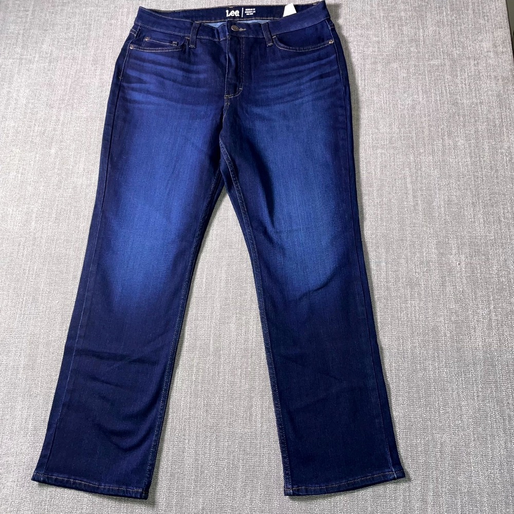 Lee Jeans Womens 16M Blue Denim Mid Rise Regular Fit Straight Leg Whiskering